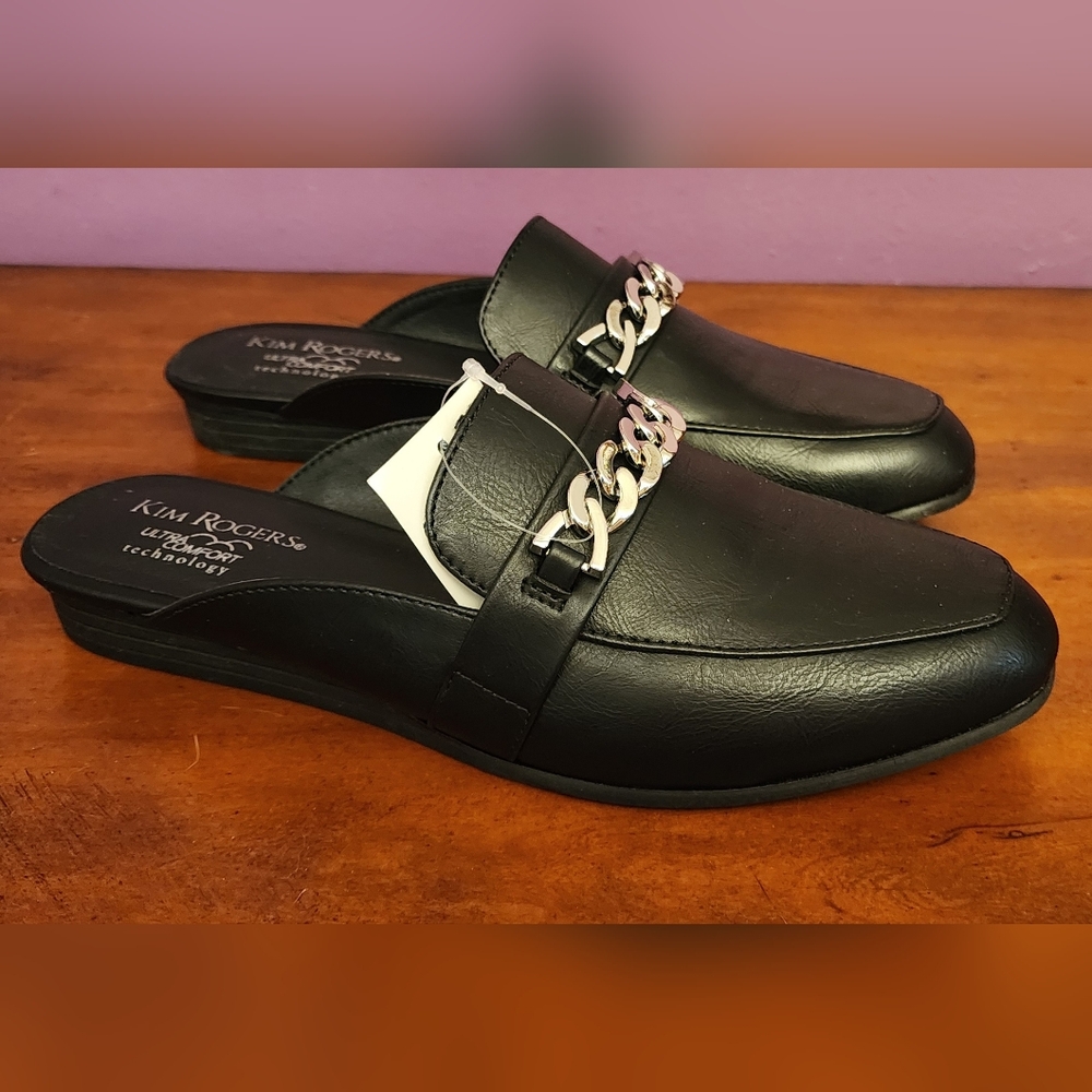 Kim Rogers Black Mules with Silver Chain Detail